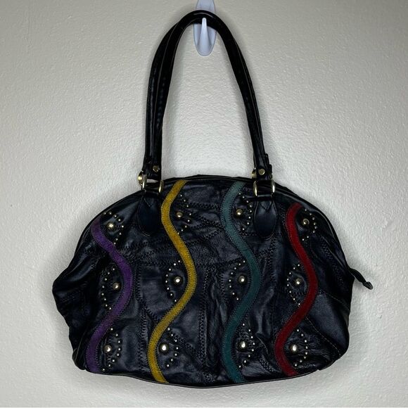 Vintage Black Patchwork Suede Studded Shoulder Handbag Faux Leather Multicolor - Picture 3 of 14